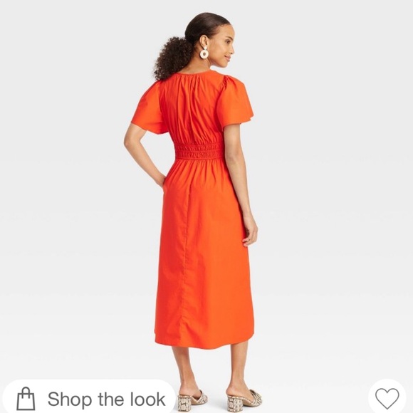 NWT! Women's Flutter Short Sleeve Poplin Midi A-Line Dress Red XS - Picture 3 of 9